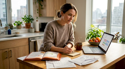 Adult sorting bills and planner at cluttered table