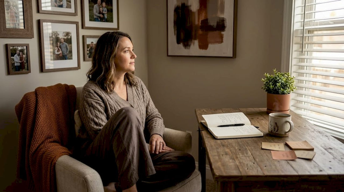 Woman reflecting on symptoms in comfortable living room