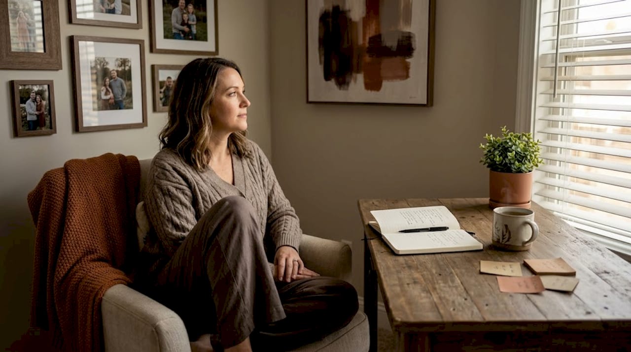 Woman reflecting on symptoms in comfortable living room