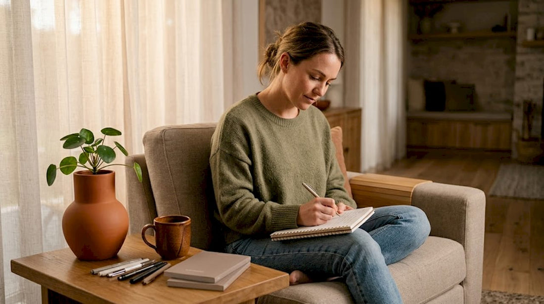 Woman writing therapy notes in home living room