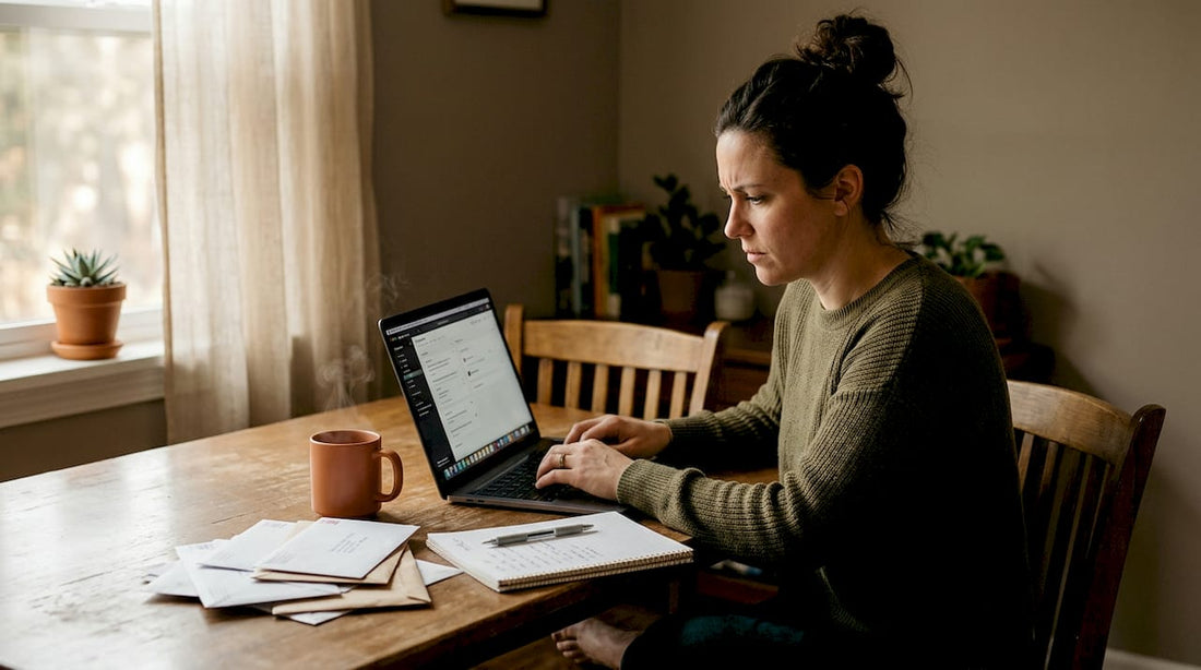 Woman working at cluttered kitchen table with anxious focus