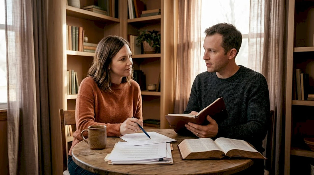 Two adults discussing mental health paperwork