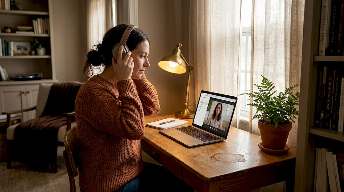Woman preparing for online therapy appointment