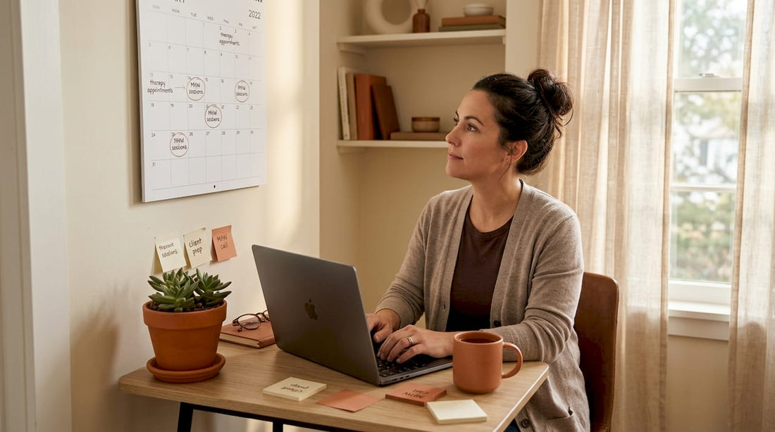 Woman reviewing mental health notes in office