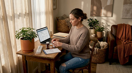 Woman managing ADHD medications at desk