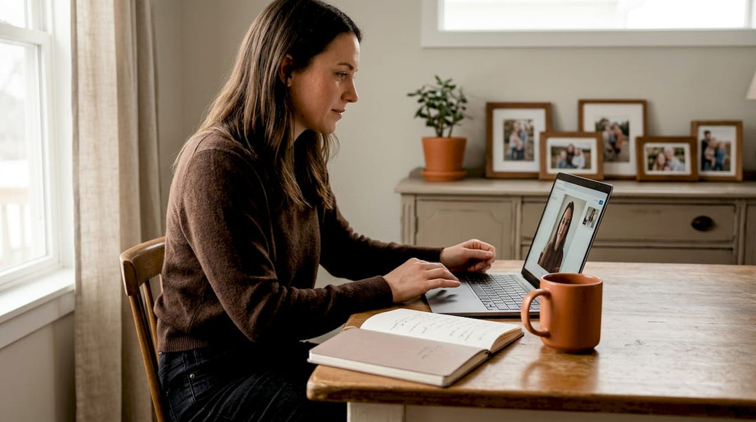 Woman at kitchen table on telehealth video consult