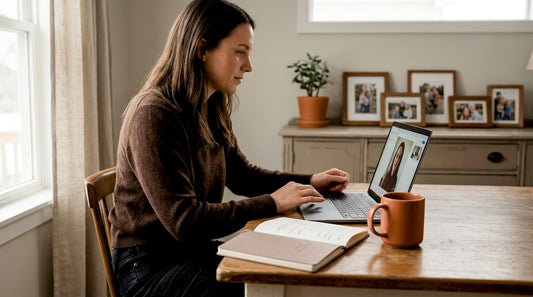 Woman at kitchen table on telehealth video consult