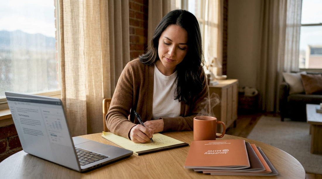 Woman planning care at home table