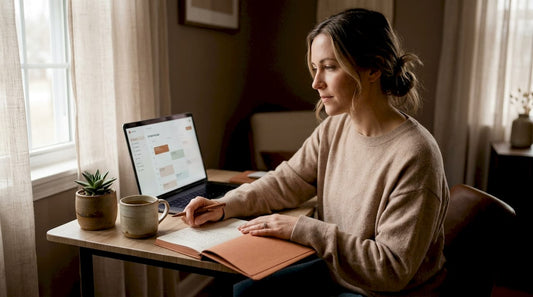 Woman thoughtfully reviewing notes in home office