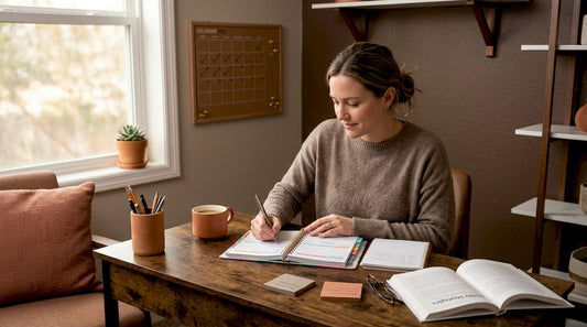 Adult woman organizing ADHD lifestyle planner