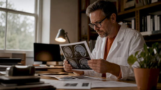 Neuroscientist reviewing brain scan in lab setting