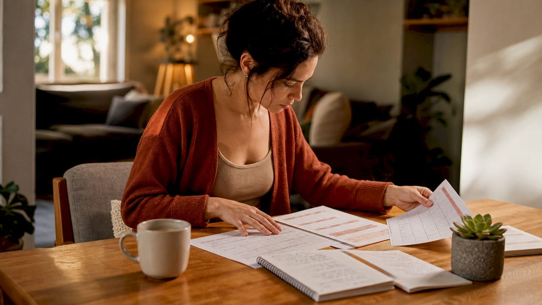 Woman organizing medication and therapy notes at home
