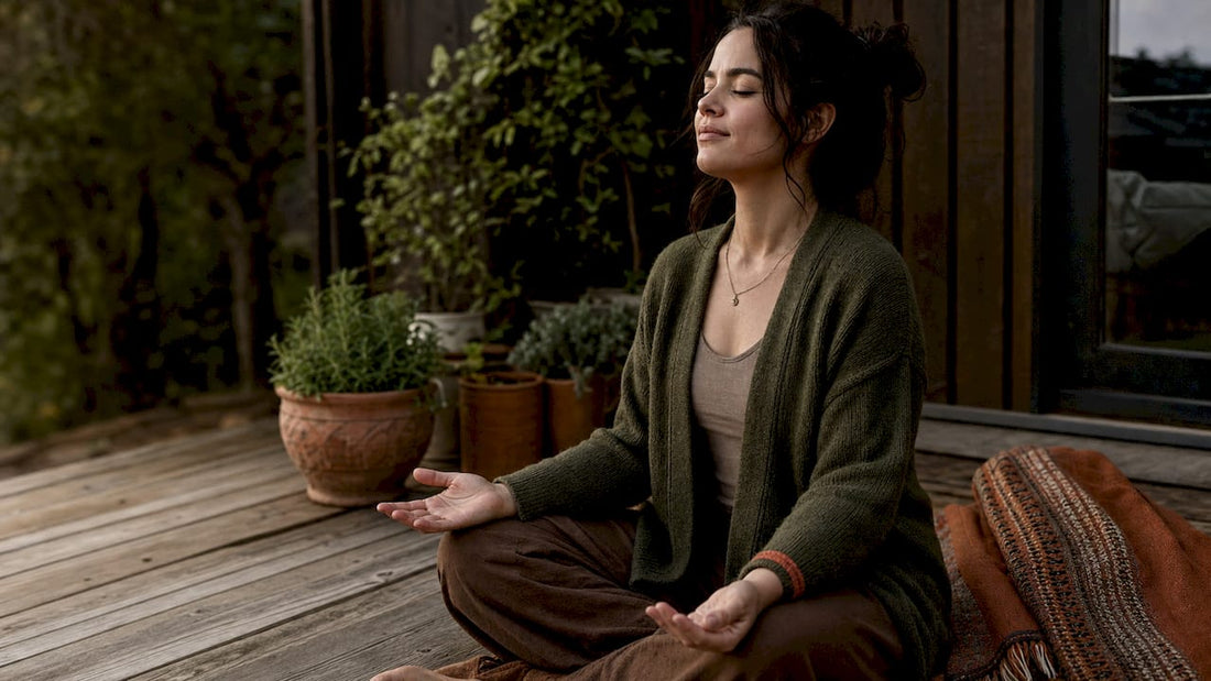 Woman practicing calming breathing technique at home