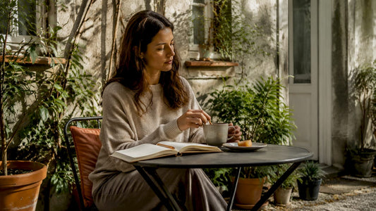 Woman quietly having morning coffee alone