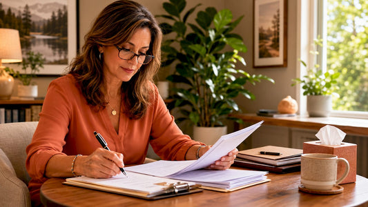 Psychiatrist reviewing notes in clinic office