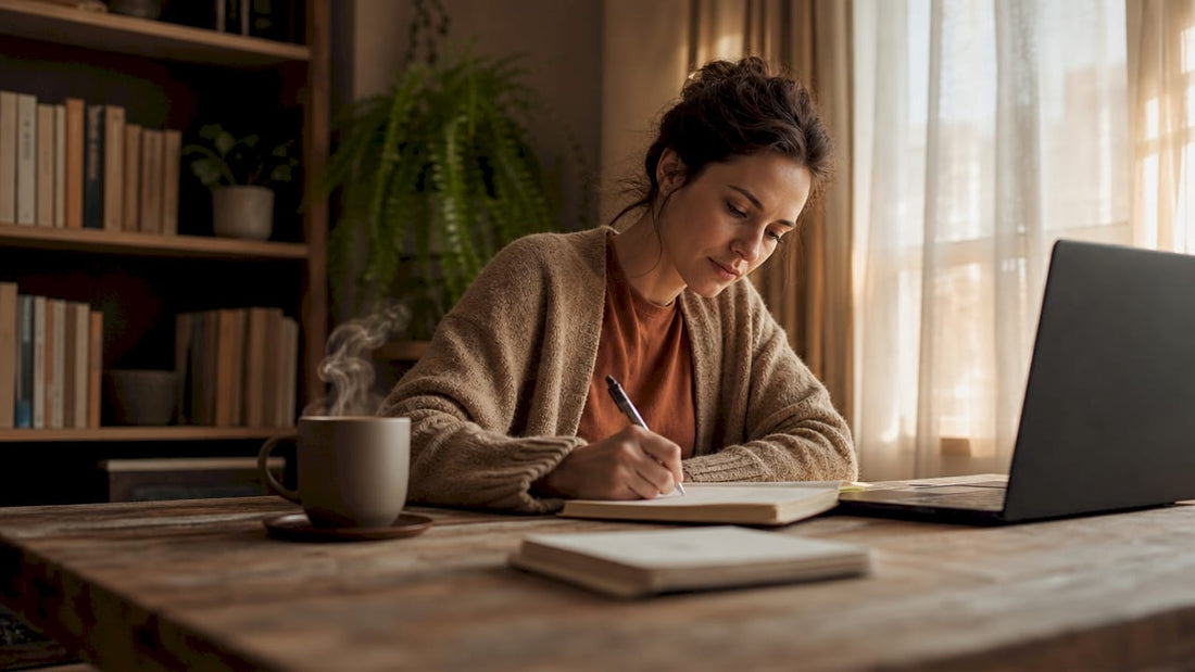 Woman focused writing notes at kitchen table