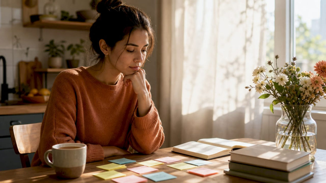 Woman contemplating ADHD overwhelm at home desk