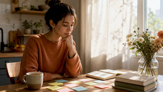 Woman contemplating ADHD overwhelm at home desk