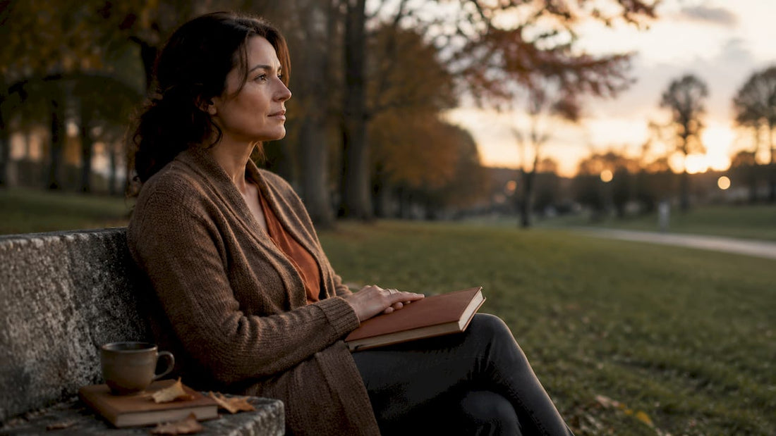 Woman sitting pensively in foggy park