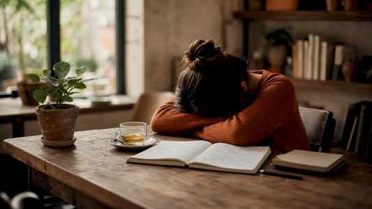 Tired woman resting head on arms at home table