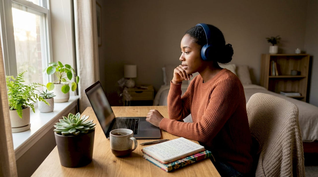 Woman engaged in online therapy session at home