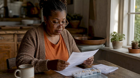 Woman reviewing mental health medication at home