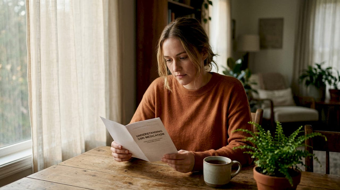 Woman reading SSRI medication leaflet at kitchen table