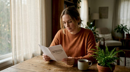 Woman reading SSRI medication leaflet at kitchen table