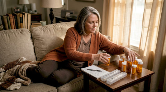 Woman organizing anxiety medications at kitchen table