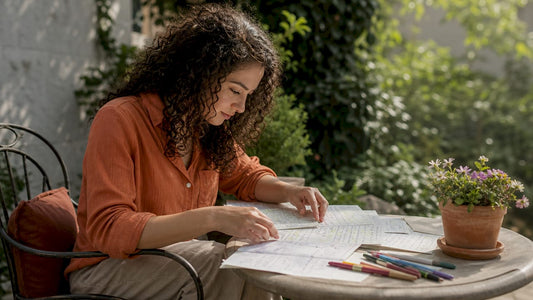 Young woman studying notes at cluttered desk