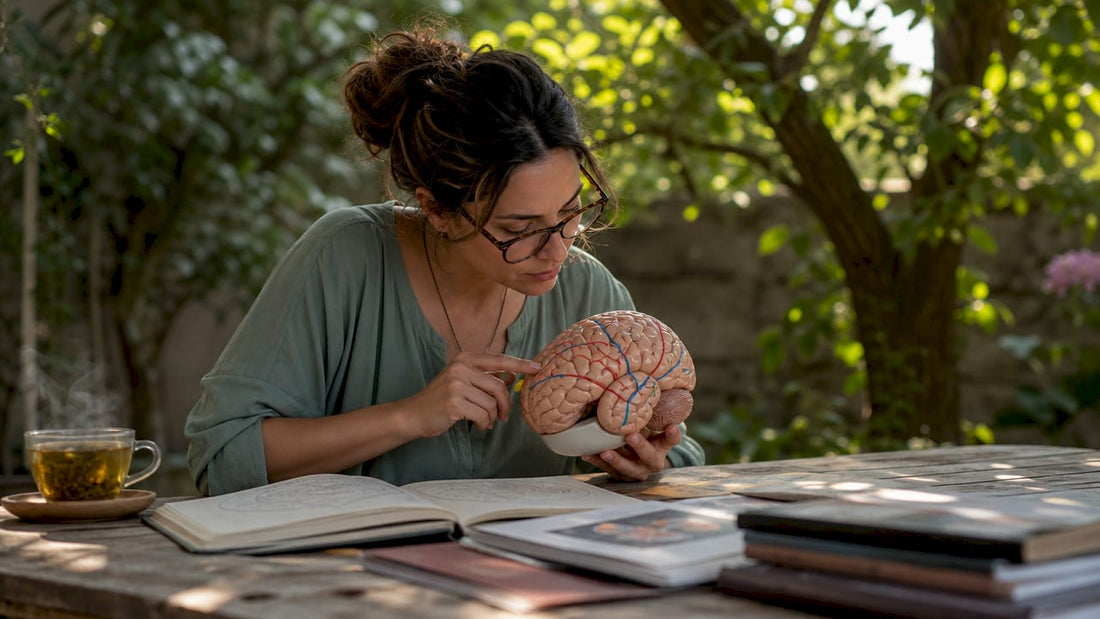 Neuroscientist examining brain model serotonin circuits