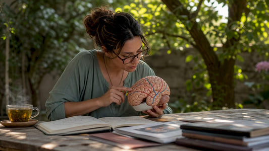 Neuroscientist examining brain model serotonin circuits