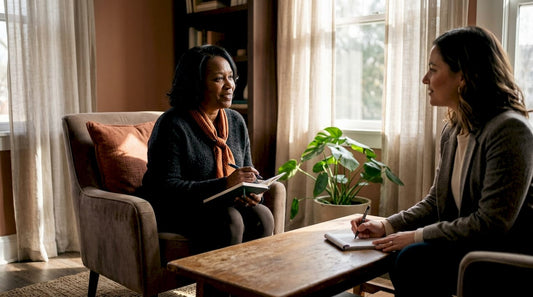 Adult woman during mental health evaluation with clinician