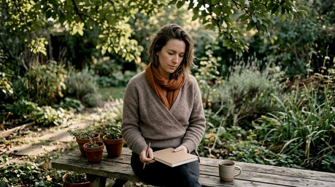 Woman reflecting at kitchen table with medication