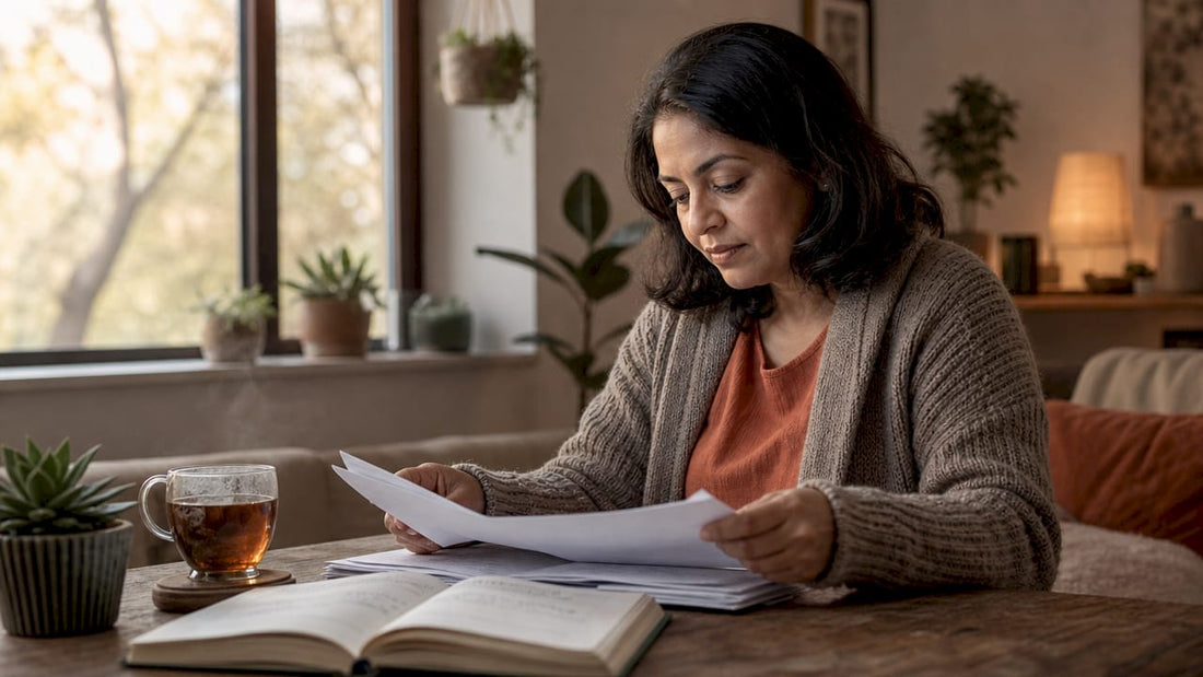 Woman reviewing psychiatric care plan documents