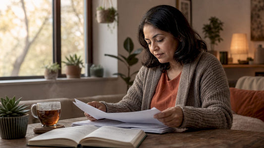 Woman reviewing psychiatric care plan documents