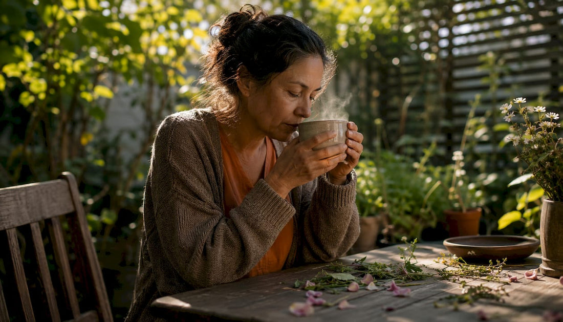 Woman reflecting sadly at kitchen table