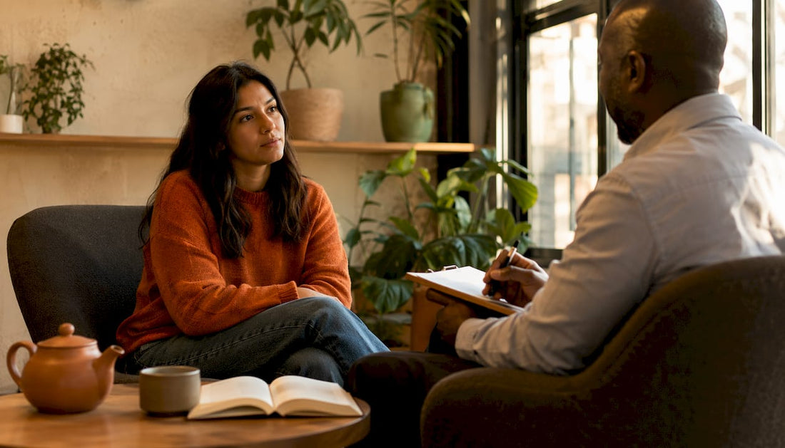 Patient consulting therapist about anxiety symptoms