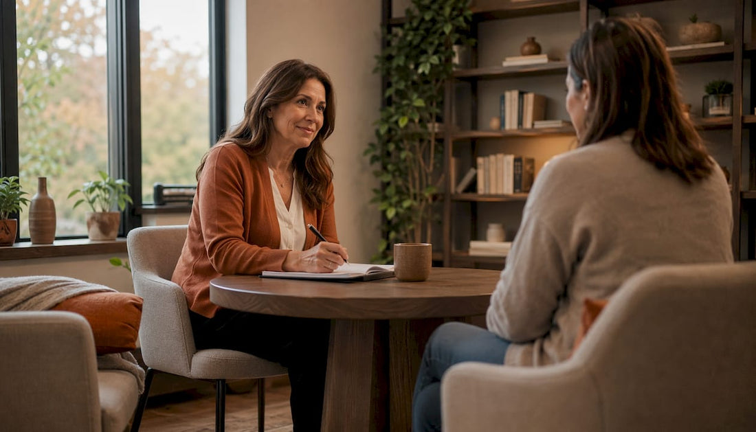 Psychiatrist consulting adult patient in clinic office