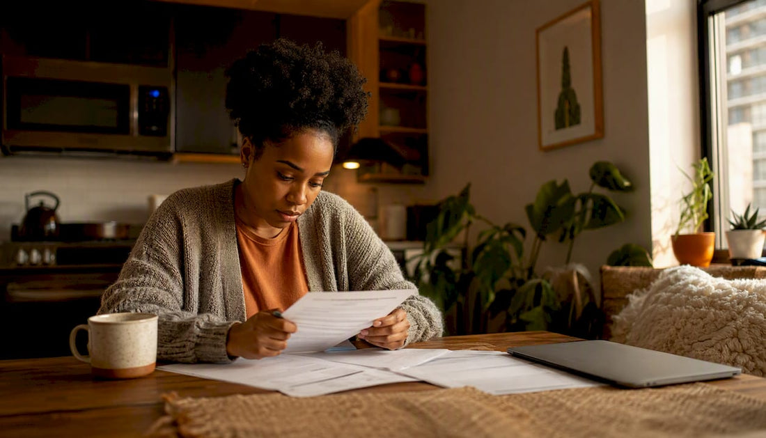 Woman reviewing mental health insurance papers at home