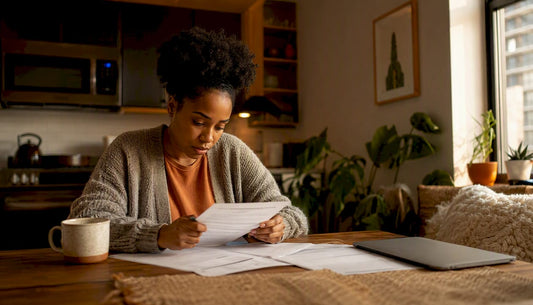 Woman reviewing mental health insurance papers at home