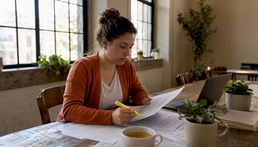 Healthcare administrator reviewing HIPAA documents at desk