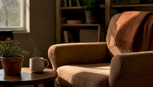 Home office corner with turned-off laptop and coffee