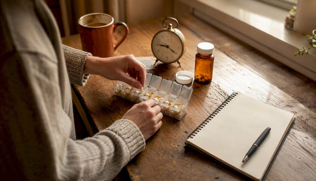 Hands adjusting ADHD medication organizer with tracking notebook