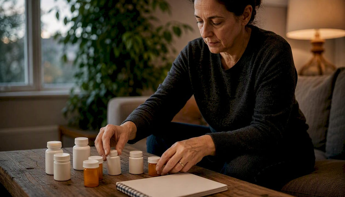 Hands organizing medication schedule and pill bottles