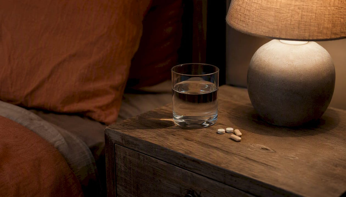 Pills next to glass of water on table