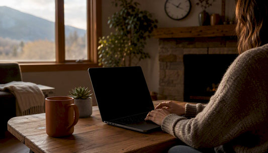 Cozy home workspace with timer and laptop