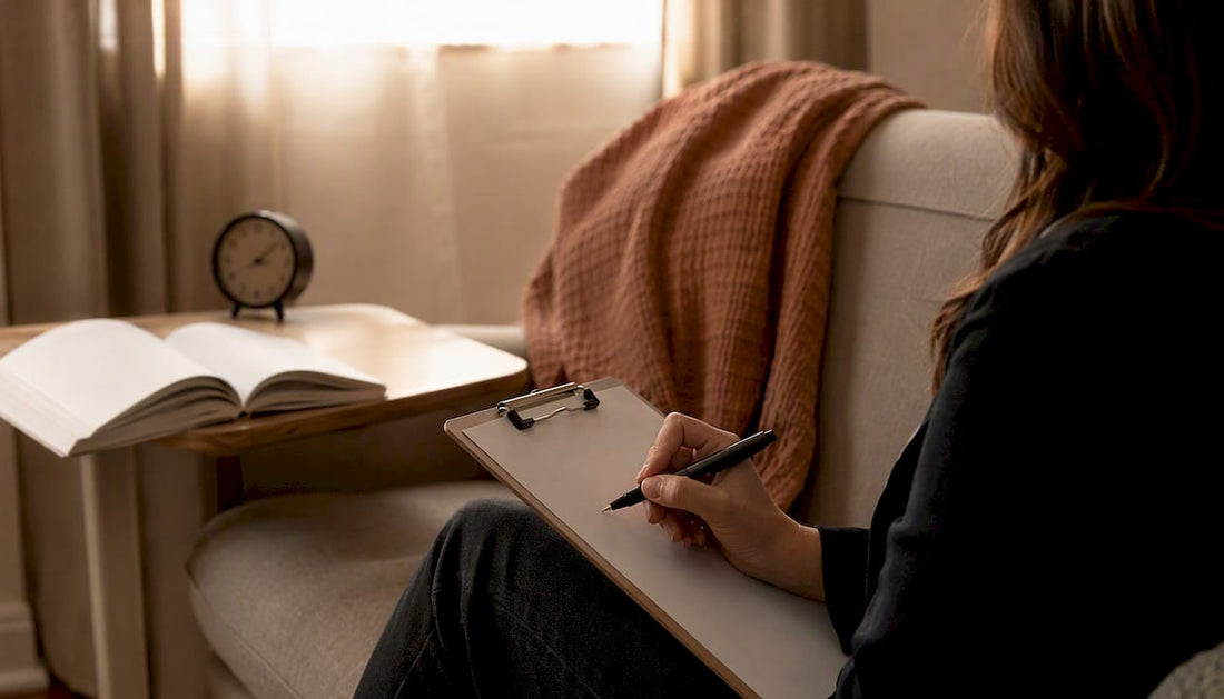 Clinician mid-evaluation with DSM-5 manual and blank clipboard