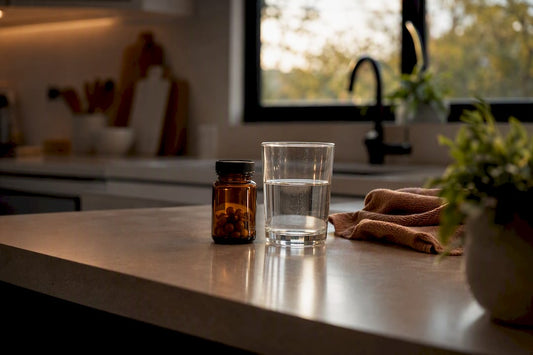 Medication bottle and glass of water on table