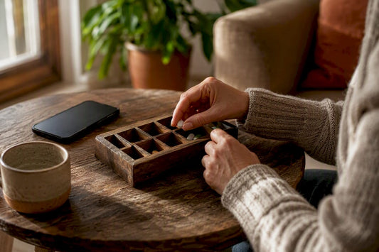 Hands placing pill in organizer on bedside table